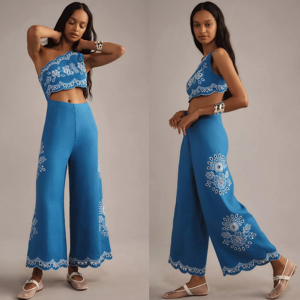 Farm Rio x Anthropologie One-Shoulder Embroidered Linen Jumpsuit